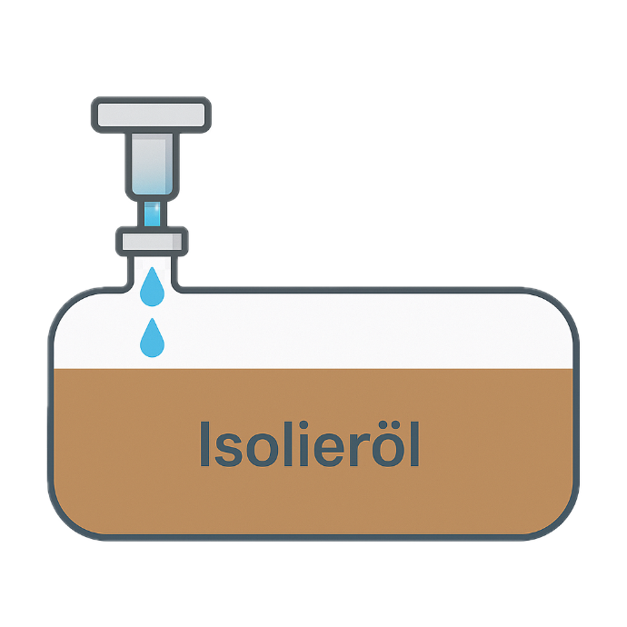 2D-Grafik eines Öltanks mit Belüftungsventil. Durch das Ventil dringt Feuchtigkeit zum Isolieröl durch