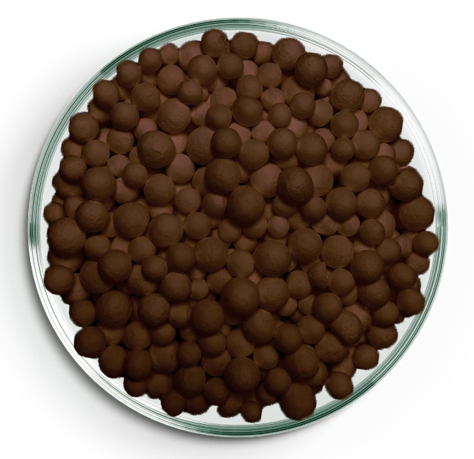 Poresphere Aktiv-AL K8 brown oxidized granules in petri dish