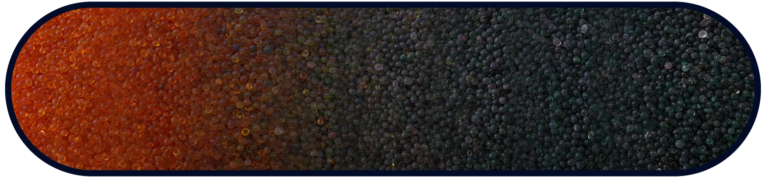 Detailed graphic of silica gel changing color from orange to green with increasing saturation