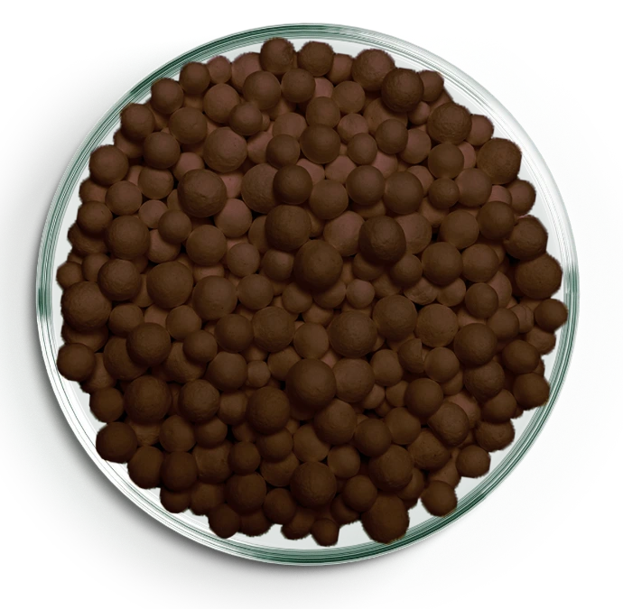 Poresphere Aktiv-AL K8 brown oxidized granules in petri dish