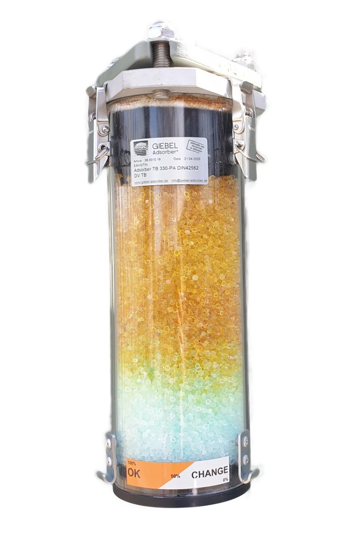 Breather dryer showing saturation level by color gradient from orange to colorless