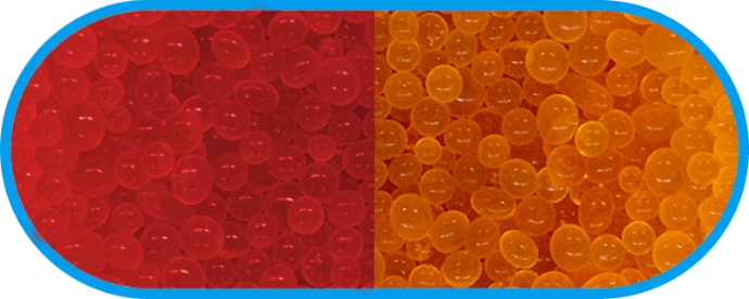 Oval Graphic – Left: Red Silica gel beads. Right: Orange