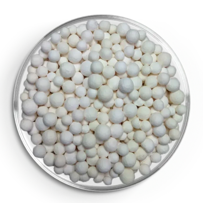 White activated alumina beads in petri dish