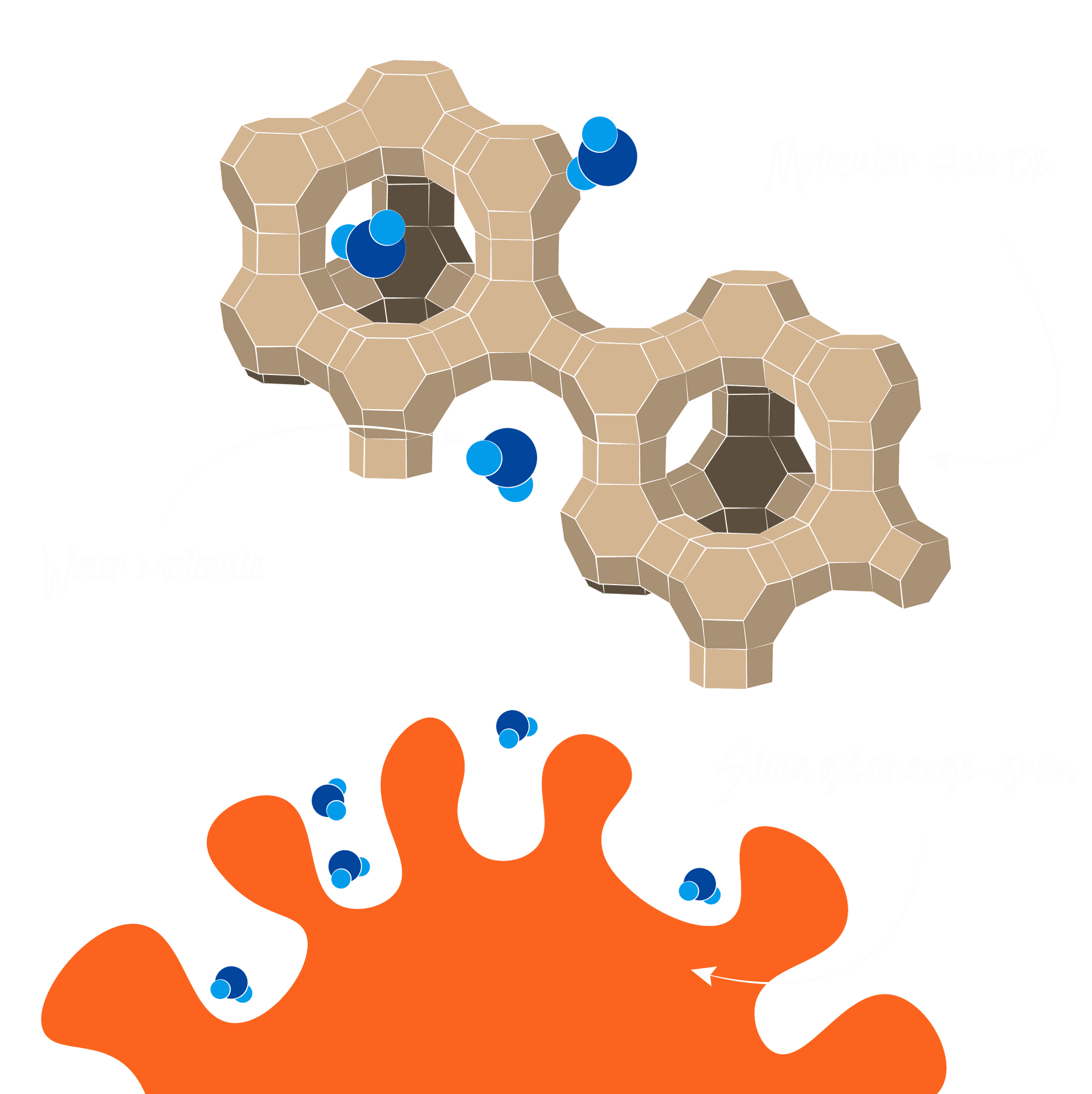 Adsorptions Mechanismus von Molekularsieb. Moleküle in Käfigstruktur.